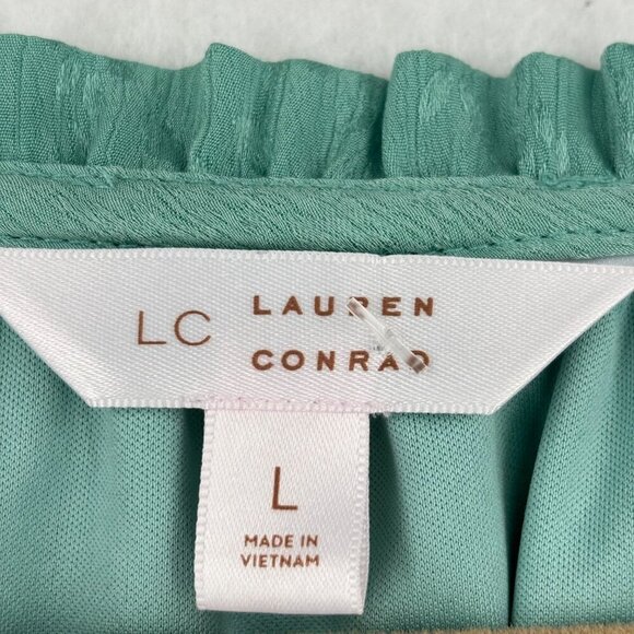 Lauren Conrad Peasant Blouse Size L Green Jacquard Print Lined Balloon Sleeve - Picture 3 of 11